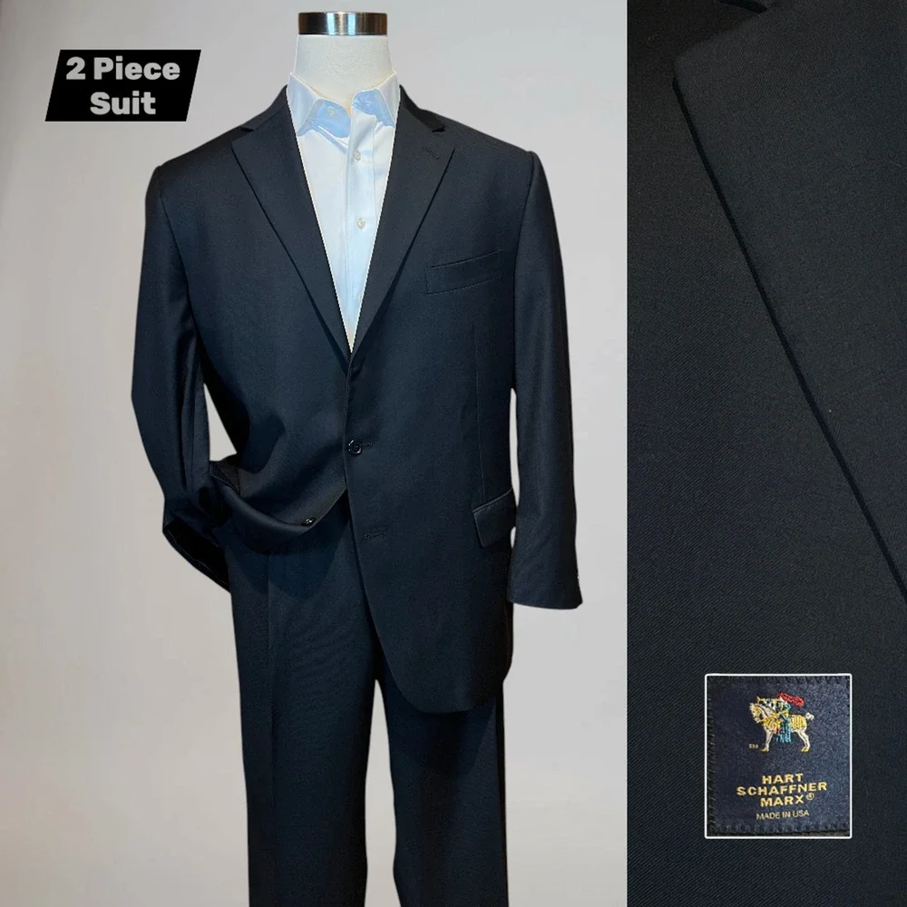 Hart Schaffner Marx 48R 42x30 Solid Black Classic Traditional Fit 2 Piece Suit